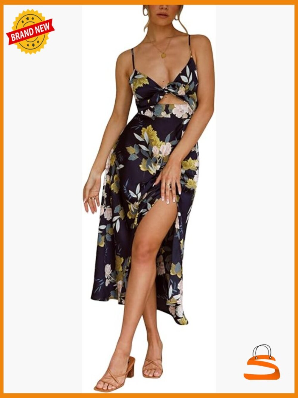 Satin Spaghetti Strap Midi Dress Tie Front Backless Slit